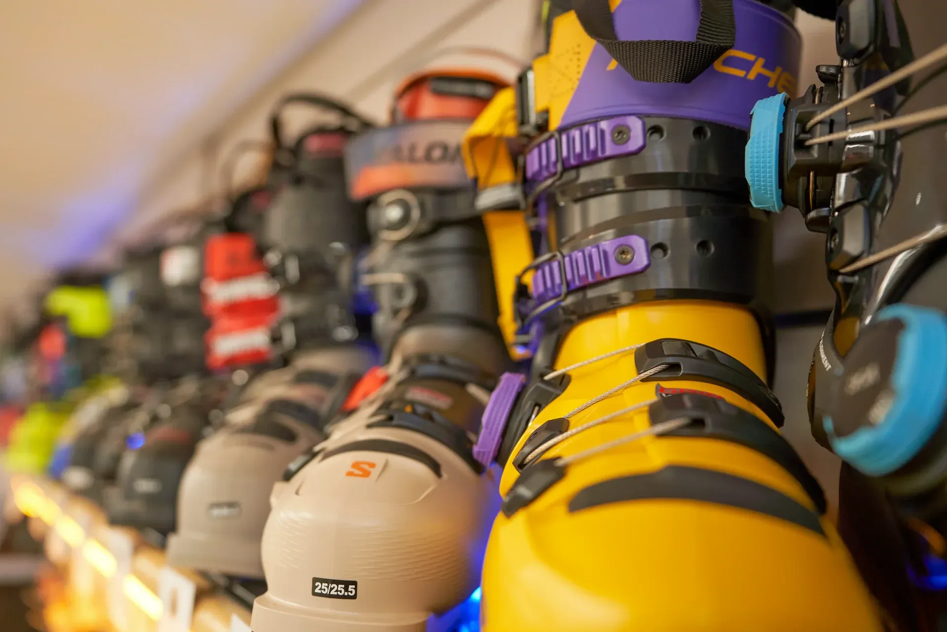 Shelf with ski boots in the rental shop