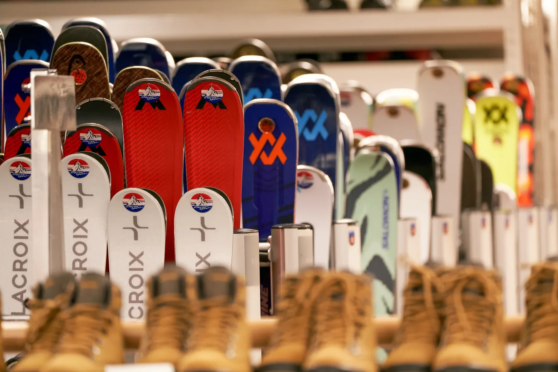 Shelf with skis in the rental shop